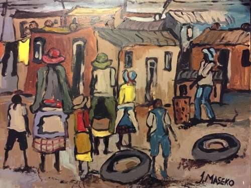 A NICELY DONE OIL ON BOARD BY WELL KNOWN JOE MASEKO