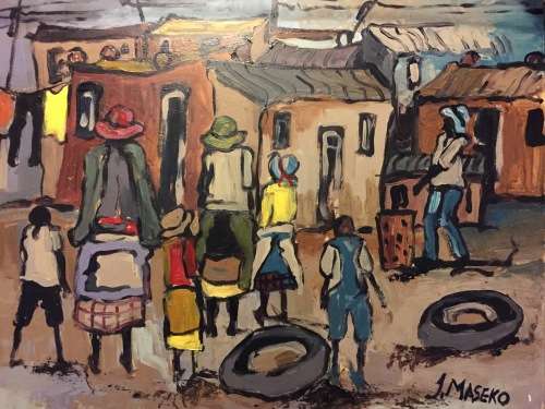 A NICELY DONE OIL ON BOARD BY WELL KNOWN JOE MASEKO