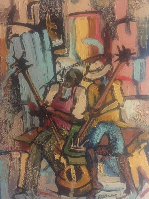 VERY HIGHLY COLLECTABLE OIL ON CARD BY EPHRAIM NGATANE