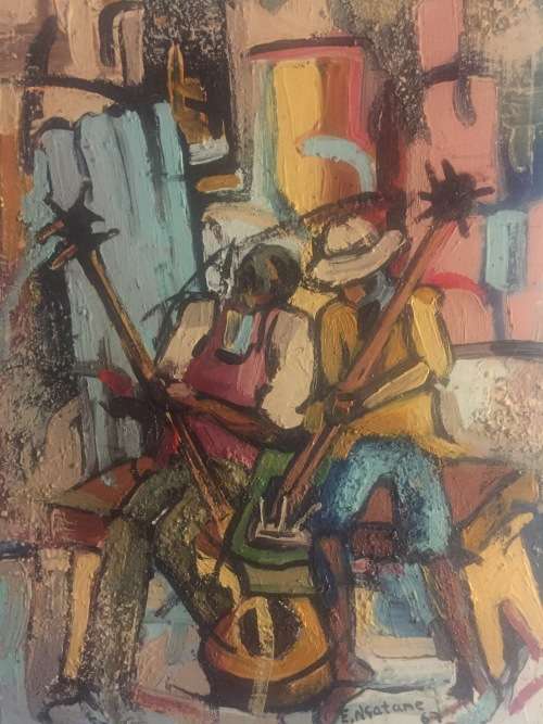 VERY HIGHLY COLLECTABLE OIL ON CARD BY EPHRAIM NGATANE