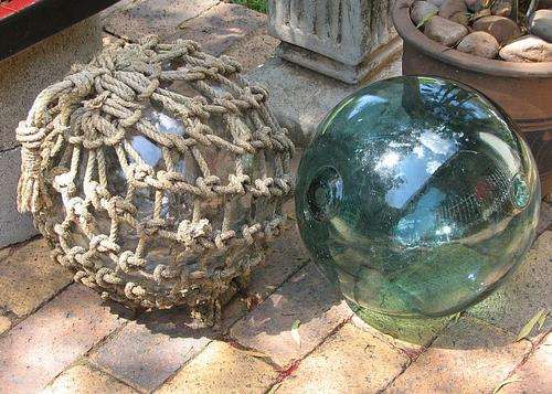 2 x Genuine Vintage Glass Buoys - (One with the original rope and one without)