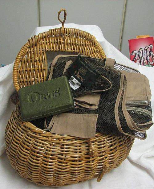 A "LOT" of Fishing Items - Small Basket, Vest (Fly Mesh) - Size S, and an assortment of Flies