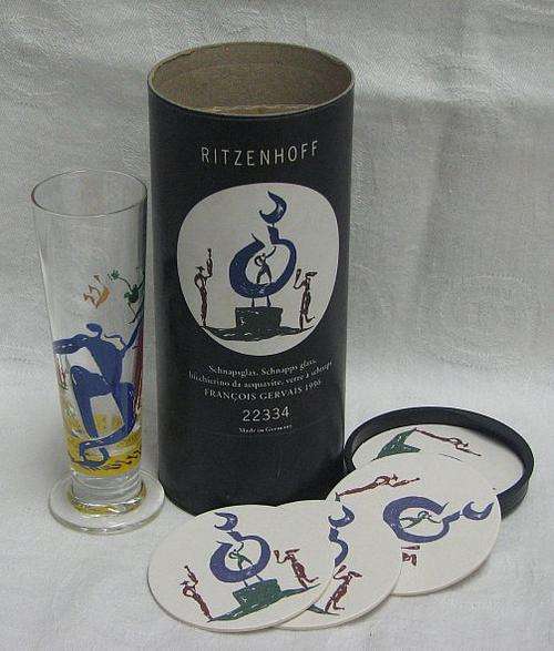 RITZENHOFF Schnapps Glass + 4 Coasters - Francois Gervais 1996 - Nbr 22334 - Made in Germany