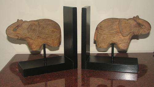 Rustic Wooden Carved Elephant Bookends on a Contemporary Wood Base