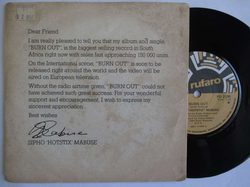 SIPHO HOTSTIX MABUSE - BURN OUT / JIVE 7" VG+