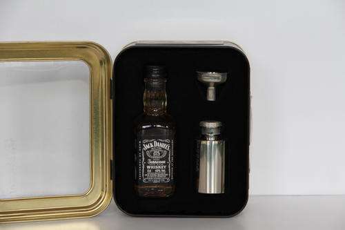 Jack Daniels Tin 50ml bottle 1oz Stainless Steel Flask and Funnel.