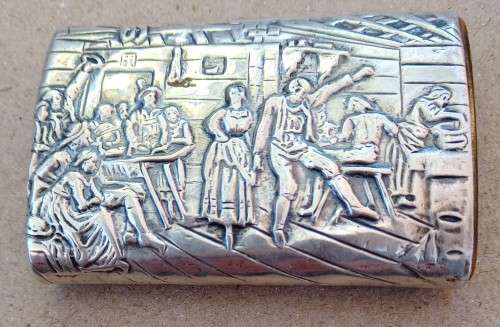 Sterling silver vintage Dutch vesta case / match holder depicting scene of unruly hooley
