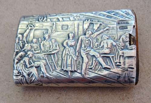 Sterling silver vintage Dutch vesta case / match holder depicting scene of unruly hooley