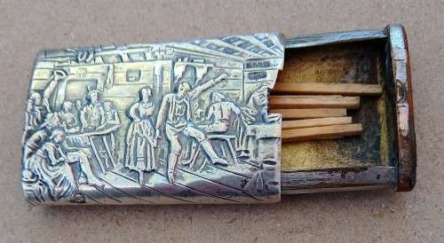 Sterling silver vintage Dutch vesta case / match holder depicting scene of unruly hooley