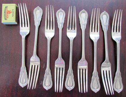 Vintage large forks EPNS plating x 9. Some ware to plating. Electro Nevada AA. Approx. 22.5 cm L