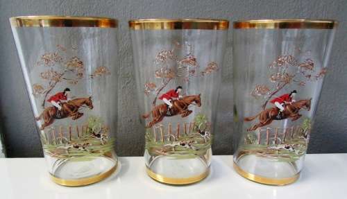 Retro 6 x 'HORSE AND HOUND HUNTING' Scene Tumblers with gold trim