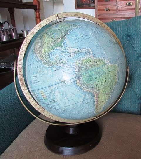 1960's Great World Globe. Made in USA. Reader's Digest. Wooden Base. D 12 inches. Condition good