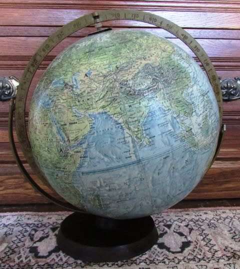 1960's Great World Globe. Made in USA. Reader's Digest. Wooden Base. D 12 inches. Condition good