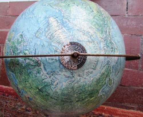 1960's Great World Globe. Made in USA. Reader's Digest. Wooden Base. D 12 inches. Condition good