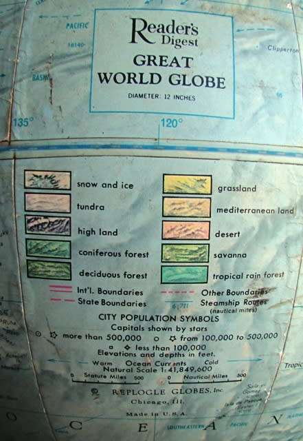 1960's Great World Globe. Made in USA. Reader's Digest. Wooden Base. D 12 inches. Condition good