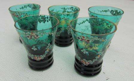 Vintage Hand Painted SHOT / VODKA Glasses x 5. Approximately 5.5 cms high