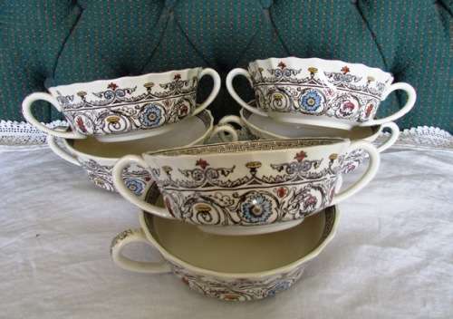 SPODE 'Florence c1880' flat, handled, cream soup / pasta / salad Bowls x 6. Circa 1930's England