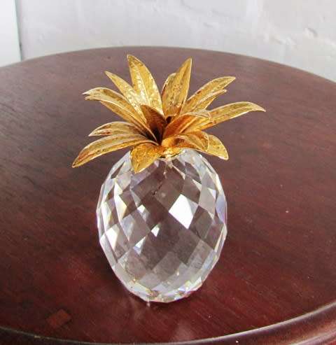 SWAROFSKY Crystal Pineapple with hammered Gold plated leaves - LARGE H 11 x D 6 cms