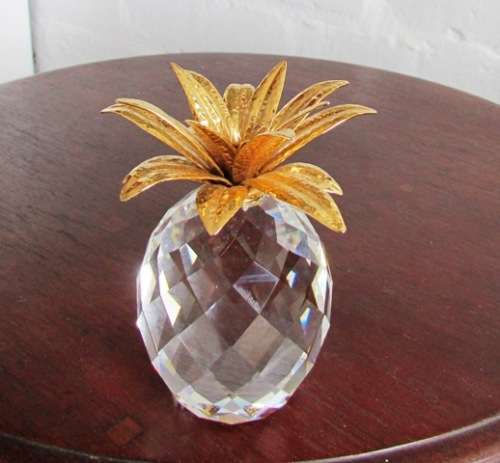 SWAROFSKY Crystal Pineapple with hammered Gold plated leaves - LARGE H 11 x D 6 cms