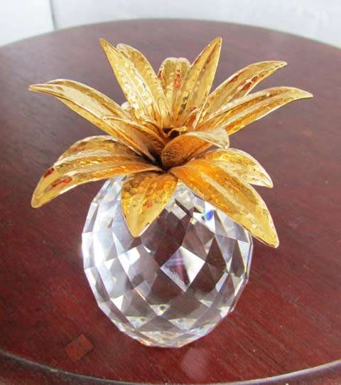 SWAROFSKY Crystal Pineapple with hammered Gold plated leaves - LARGE H 11 x D 6 cms