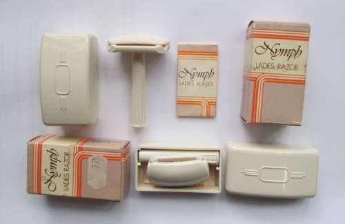 1950's Nymph Ladies Razor with blades. Bakelite. White x 2 sets. Vintage Made in England