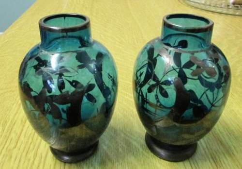 Murano Glass Pauly & C Art Glass with Silver Overlay Vases x 2 Circa 1930 Venice Teal Colour