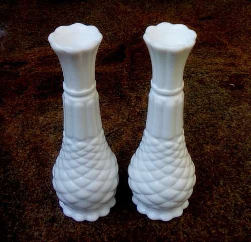 Milk Glass Scalloped rim pair of vases vintage approximately D 7 x H 22 cms