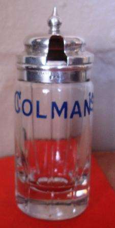 E.P.N.S. "Colman's" Glass Mustard Pot.Made in England. approx. 3cmD x 9cmH