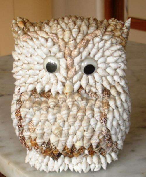 Owl ornament made with sea shells. Approx. 12cm l x 14 h