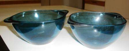 Retro blue glass bowls x 2.Made in France. Approx.17cml x 13.5w x 7h