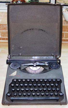 Retro "Hermes" baby portable typewriter in original case. Approx. 28cm x 30 x 6.5h