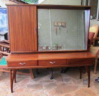 Retro dressing table  with glass shelving in cupboard.3 x drawers. Large mirror