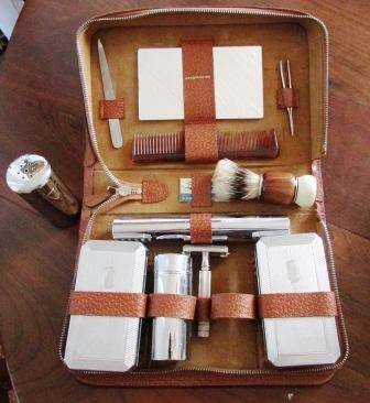 Vintage 'Victorian' men's wet shaving kit in leather case. Made in England