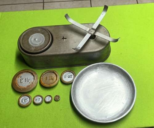 `Harper` kitchen Scale with weights circa 1 950`s  metal balance scale with 6 x weights