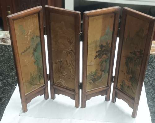 Chinese Asian 4x wood panel hand painted on Silk folding screen landscape pattern small