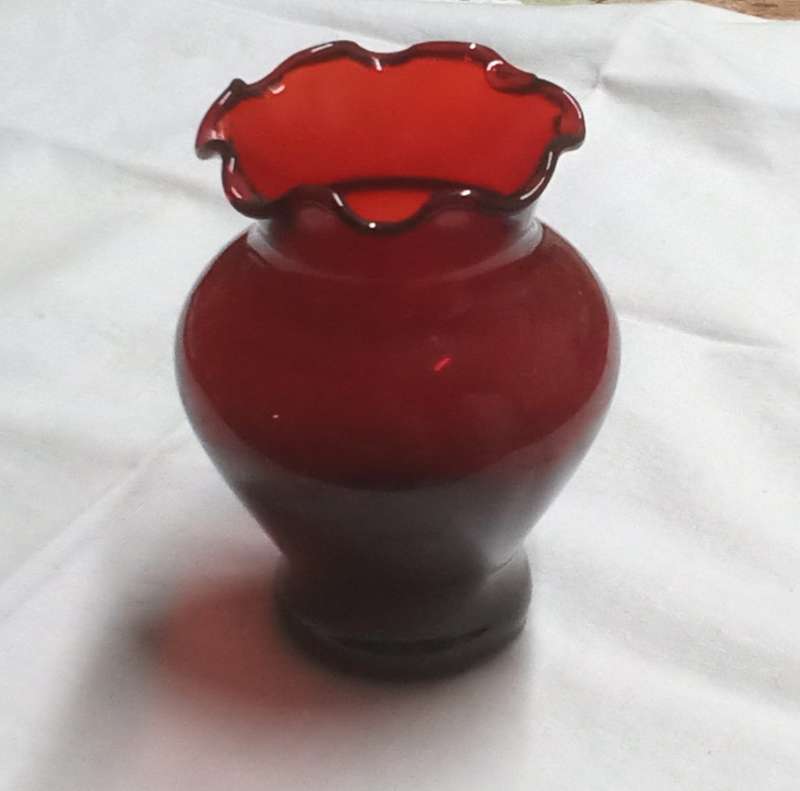 Cranberry Red Flute topped glass case signed app. H10 x D8 cms