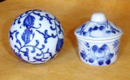 Blue and White ball and pill box with lid