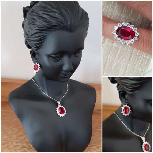 Princess Di Red Crystal Sapphire Gem Ring,Earrings & Pendant Set Gold Plated Wedding Ring