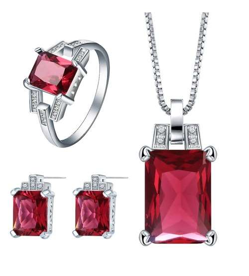 Misso Classic Red Crystal Sapphire Gem Ring,Earrings and Pendant Set Gold Plated Wedding Ring