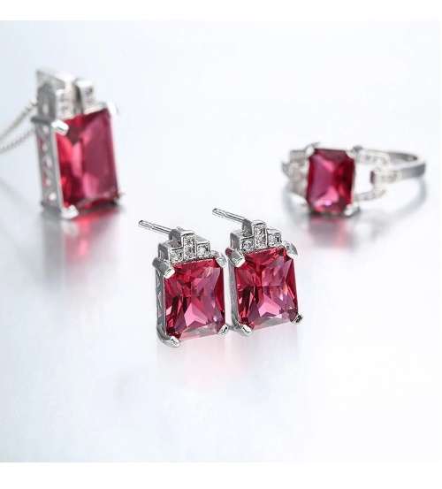 Misso Classic Red Crystal Sapphire Gem Ring,Earrings and Pendant Set Gold Plated Wedding Ring