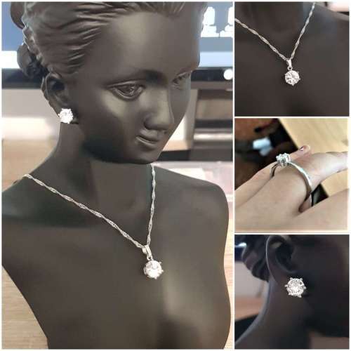 Princess White Crystal Sapphire Gem Ring,Earrings and Pendant Set Gold Plated Wedding Ring