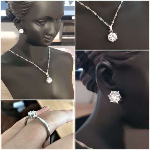 Princess White Crystal Sapphire Gem Ring,Earrings and Pendant Set Gold Plated Wedding Ring