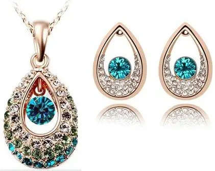 Angel water Blue/Green Rhinestones Pendant and Earrings Set fashion Jewelry