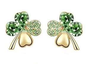 Crystal Clover Green 4 Leaf leaves heart  Earrings Jewelry