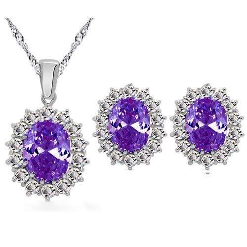 Princess Di Amethyst Crystal Sapphire Gem ,Earrings and Pendant Set Gold Plated Wedding