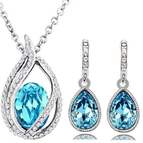 Crystal Flame Ocean Blue Water Tear pendant necklace  and earrings fashion jewelry set