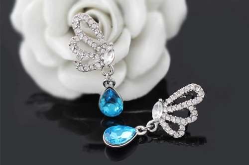 Austrian  Aqua Blue Crystal butterfly Earrings,Pendant Set