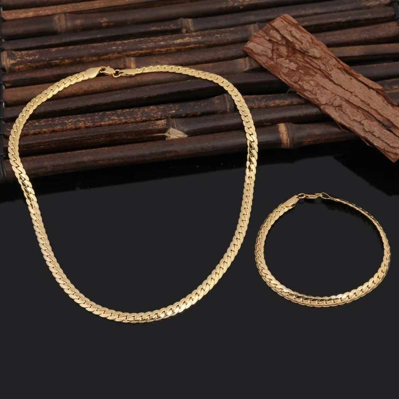 Virola Link Neck Chain & Bracelet Fashion  Jewellery Set 6mm 18k Gold Plated