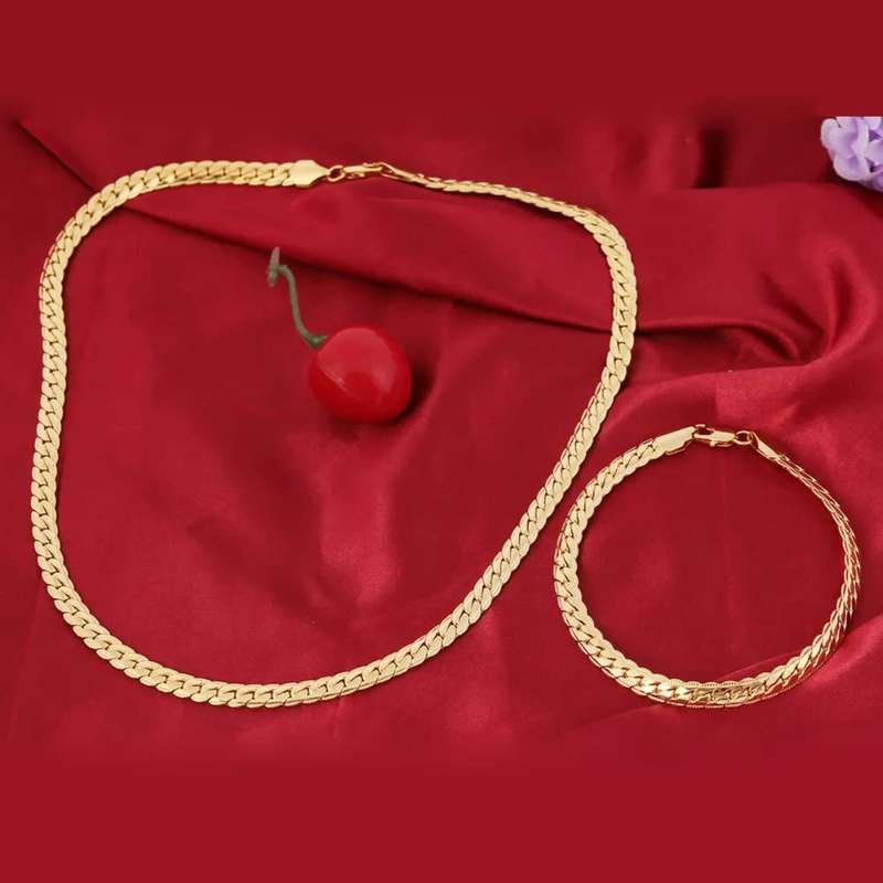 Virola Link Neck Chain & Bracelet Fashion  Jewellery Set 6mm 18k Gold Plated