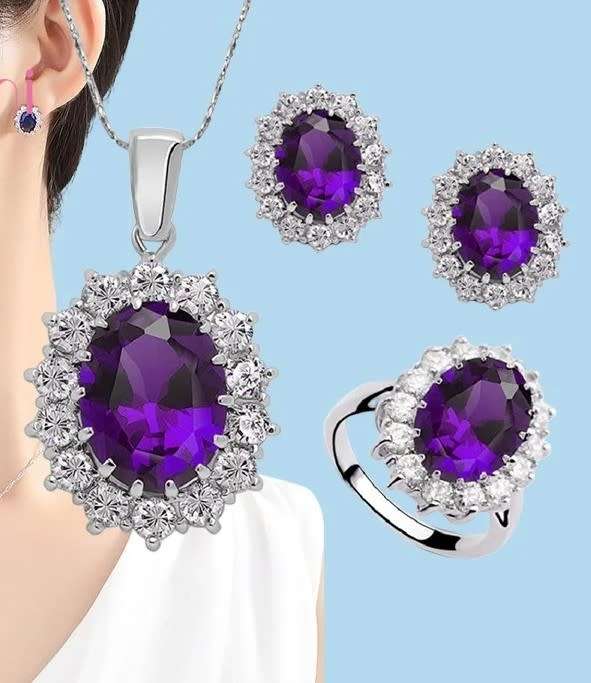 Princess Di Amethyst Crystal Sapphire Gem ,Earrings and Pendant Set Gold Plated Wedding